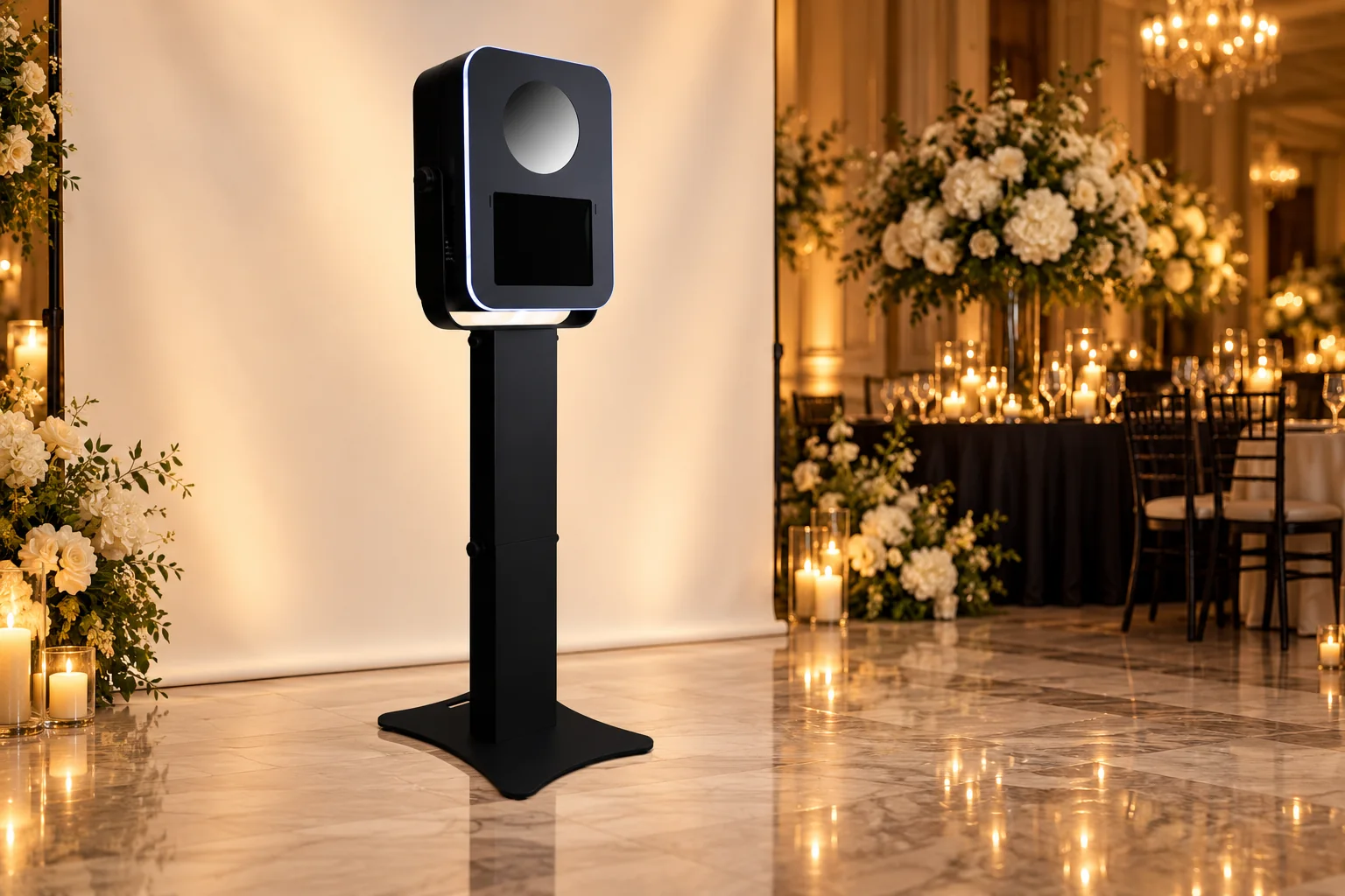 LX open-air photo booth with LED edge light set up in an elegant Chicago ballroom