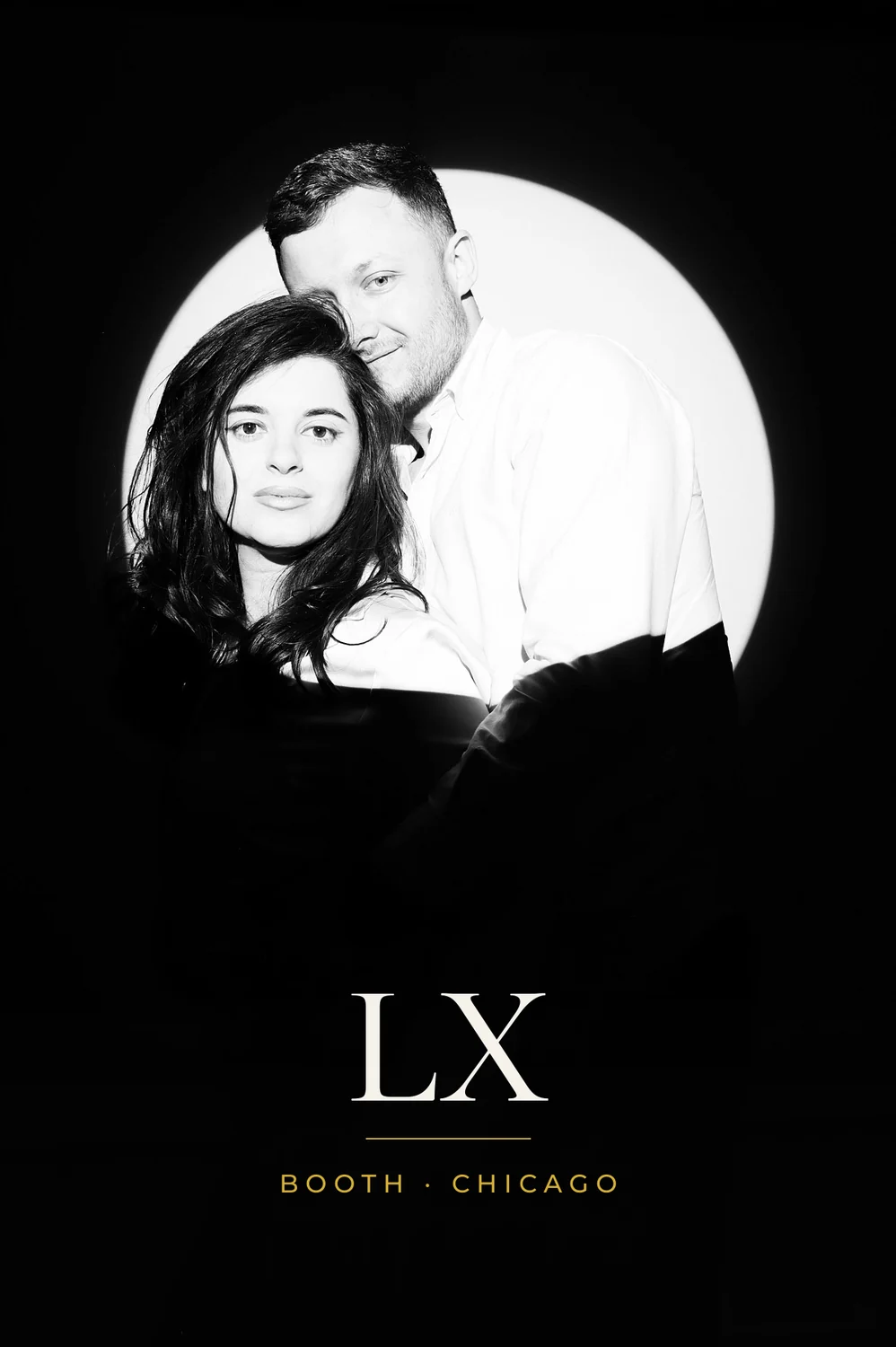 Black and white couple portrait in the Spotlight photo booth, 4x6 print