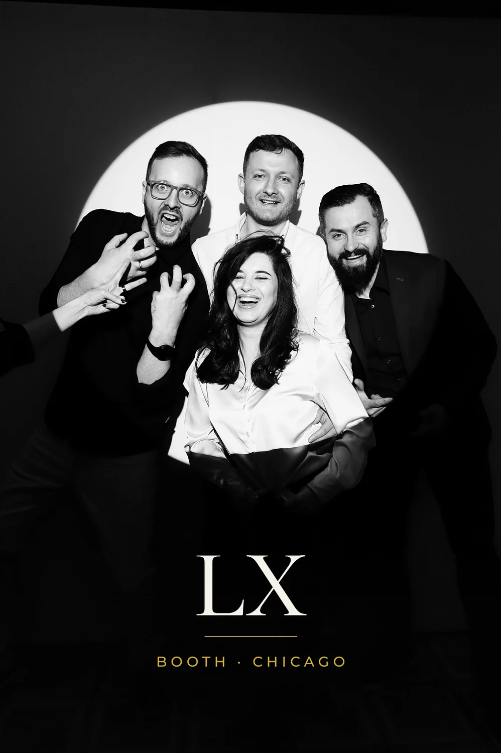 Black and white group portrait from the Spotlight photo booth, 4x6 print