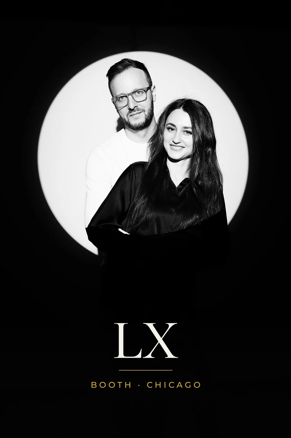 Black and white couple portrait from the Spotlight photo booth, 4x6 print