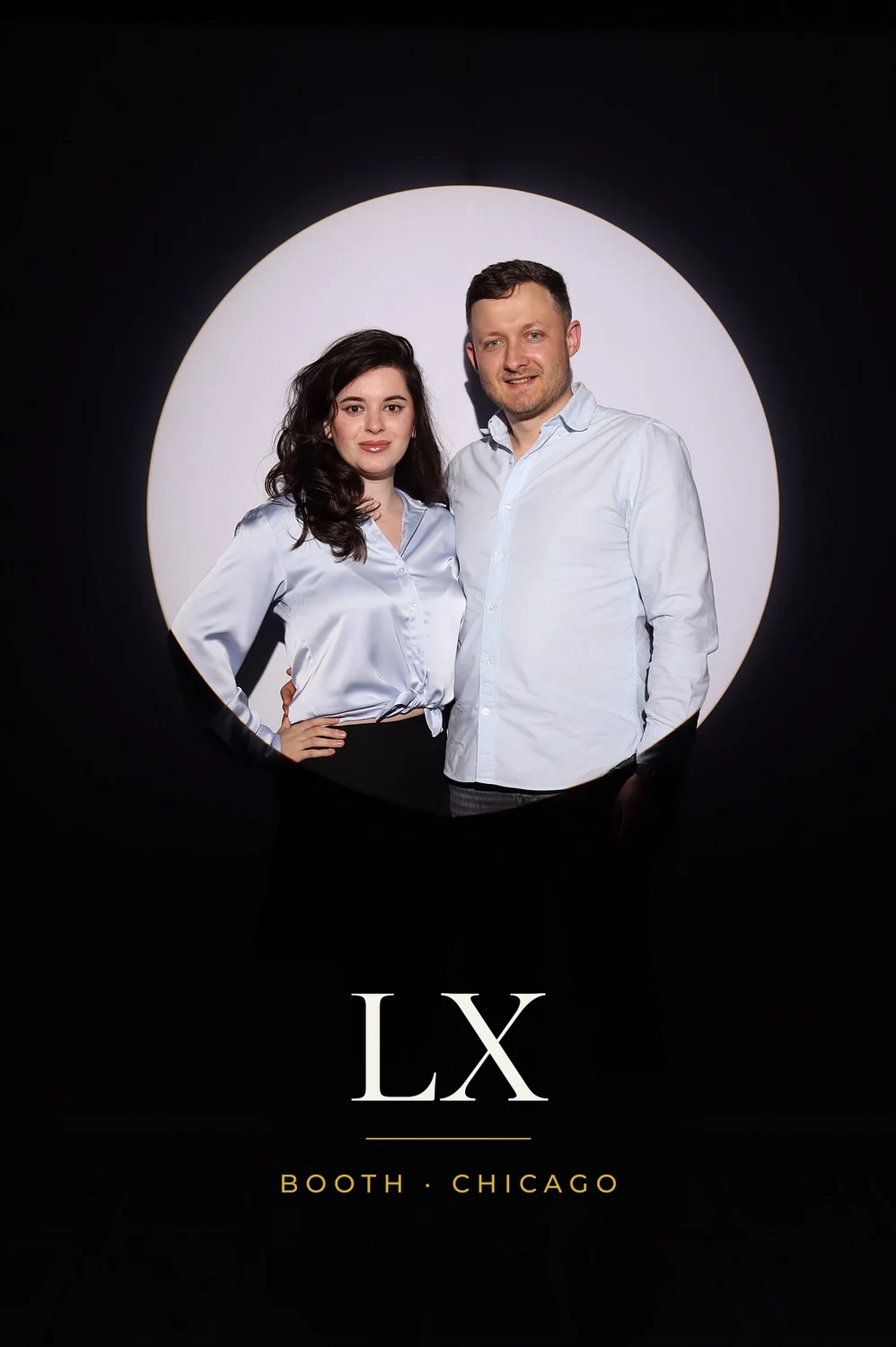 Couple portrait on a 4x6 Spotlight photo booth print with LX Booth Chicago branding