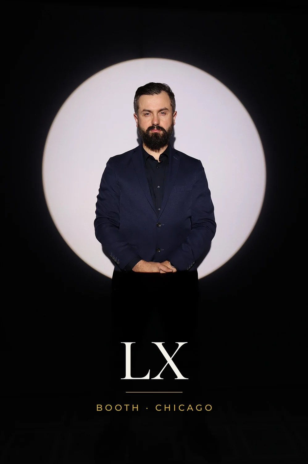 Gentleman in a navy suit in the Spotlight photo booth, 4x6 print