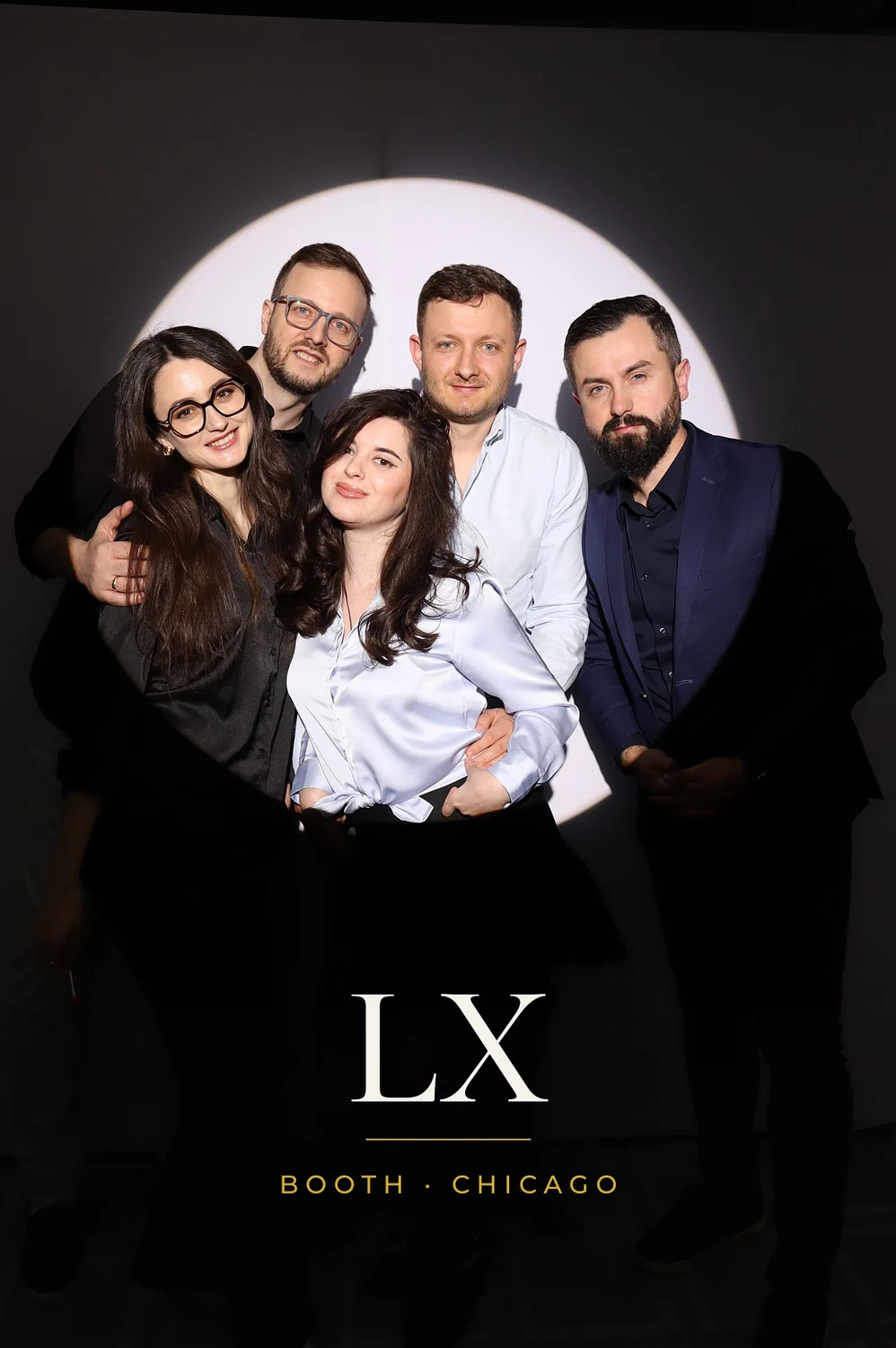 Group of five friends in the Spotlight photo booth in Chicago, 4x6 print