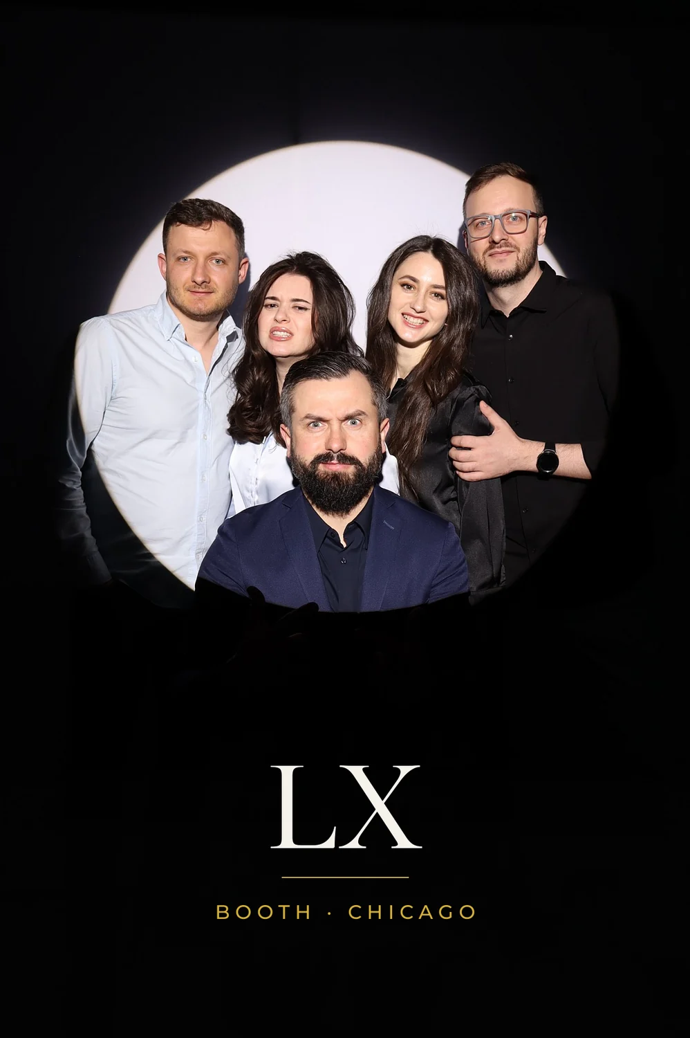 Team of five in the Spotlight photo booth at a Chicago event, 4x6 print