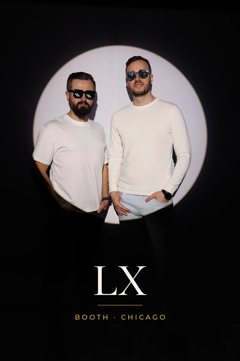 Two friends in white in the Spotlight photo booth, 4x6 print